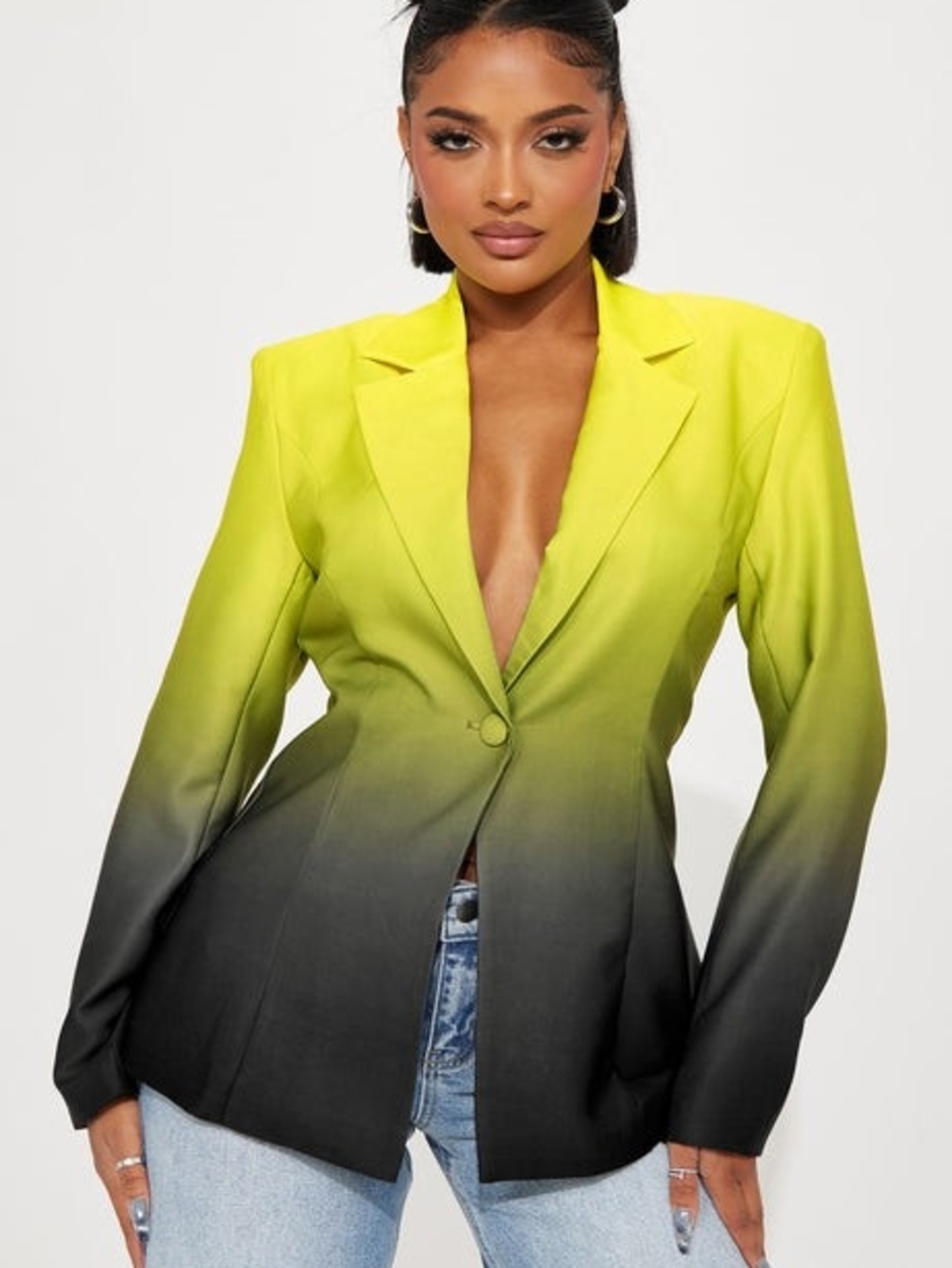Fashion Nova Neon Yellow to Black Ombre Single-Button Blazer